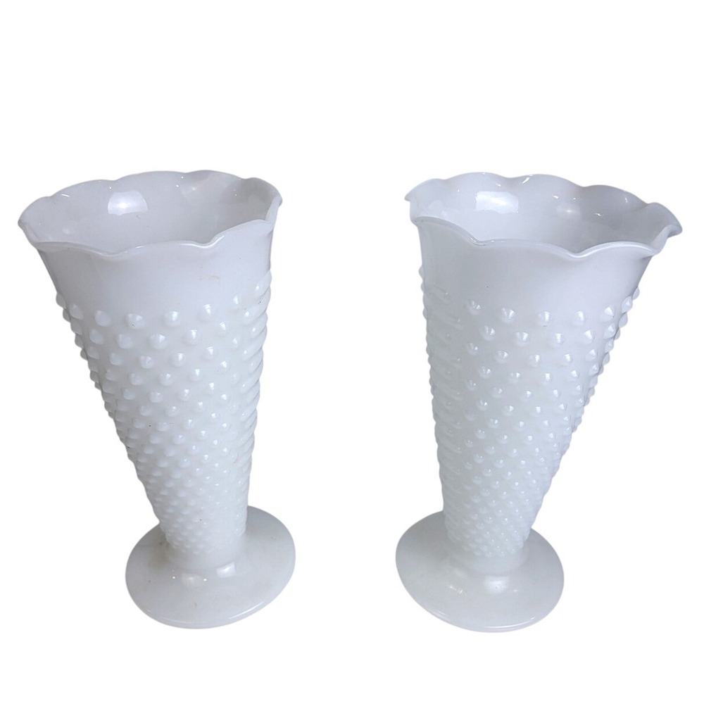 Vintage Fenton White Milk Glass Hobnail Trumpet Vases Ruffled Rim Pedestal Pair